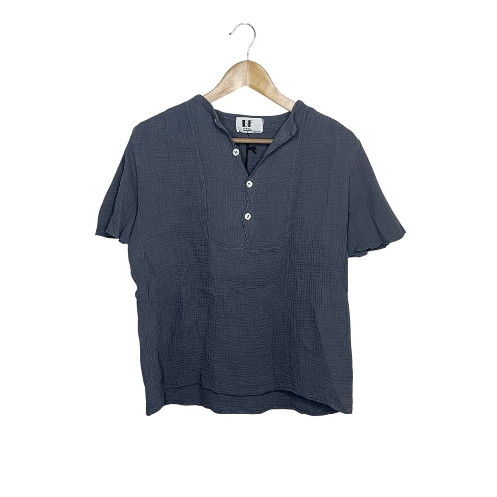 NWT BF Designed by Beatriz Furest Textured Tunic Popover Top Mao Collar Blue